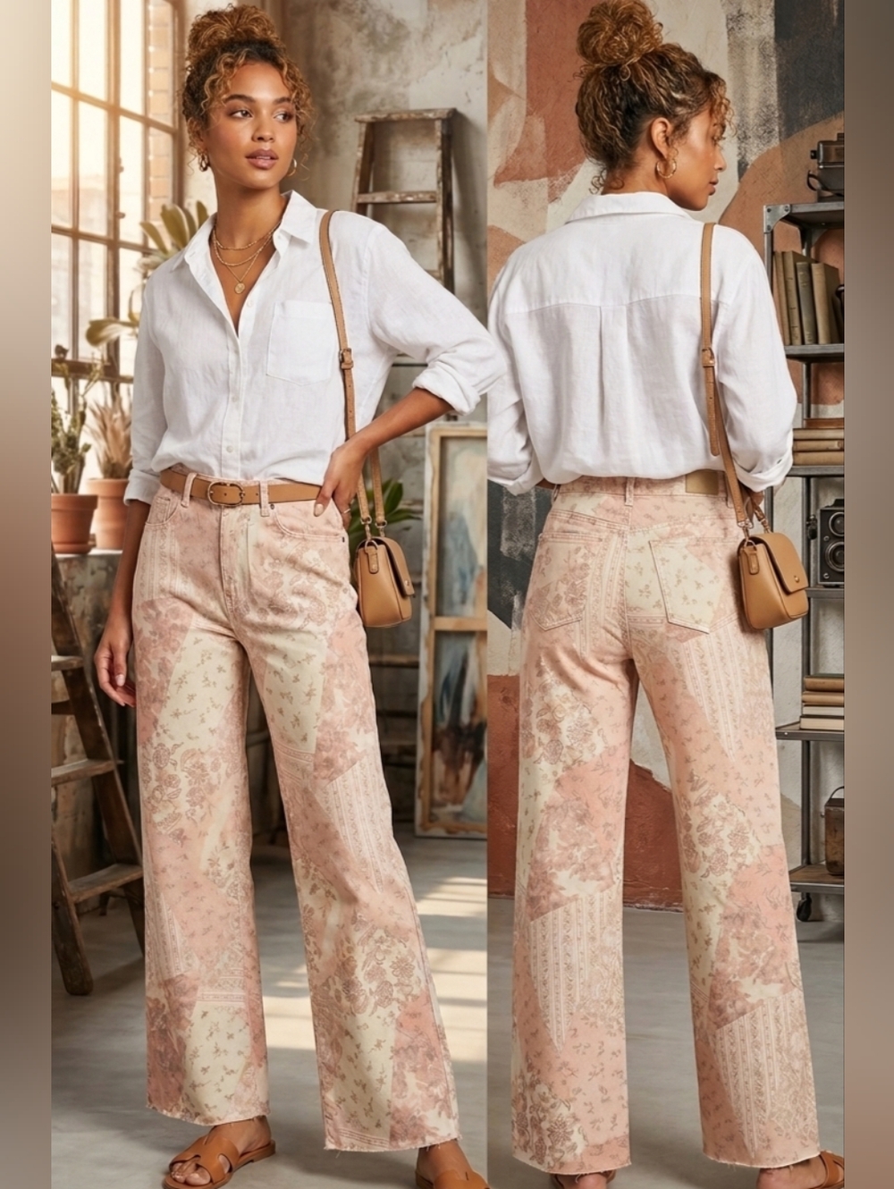 easel Tmeless Threads Pink Patchwork Straight-Leg Wide Pants